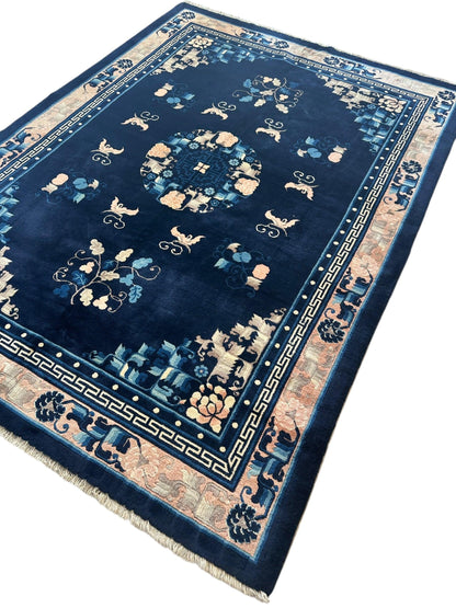 Hand-Knotted Antique Chinese Peking Wool Rug – 5’6” x 7’6” – Full Pile Navy and Cream Design - Nuvé
