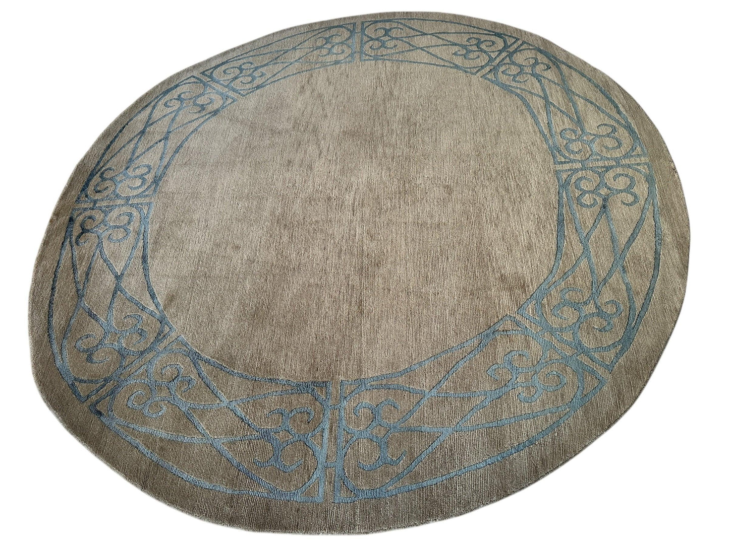 Hand-Knotted Tibetan Rug - 6' x 6'1" Round - Wool & Silk - Elegant Blue Border Design - Nuvé