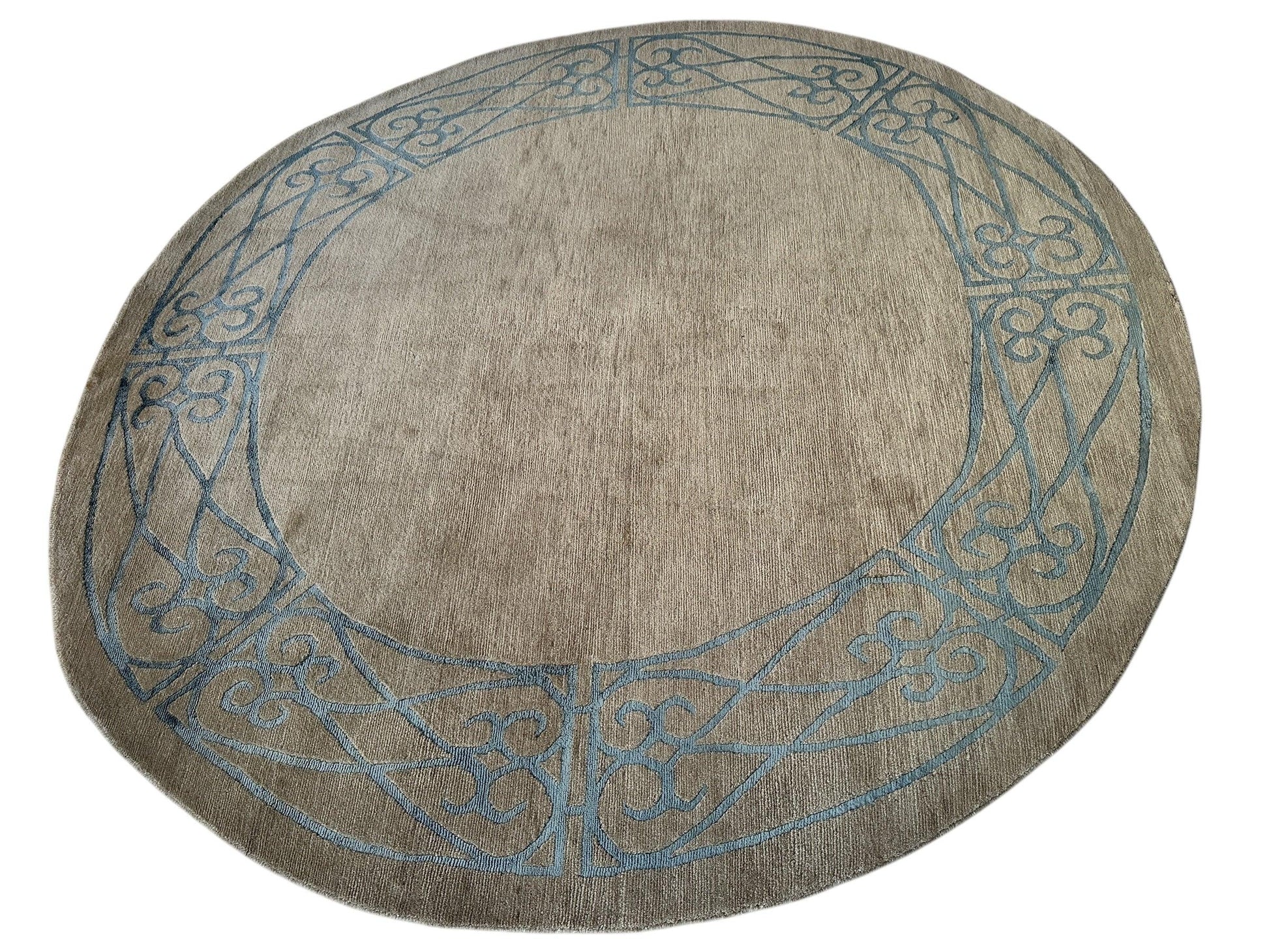 Hand-Knotted Tibetan Rug - 6' x 6'1" Round - Wool & Silk - Elegant Blue Border Design - Nuvé