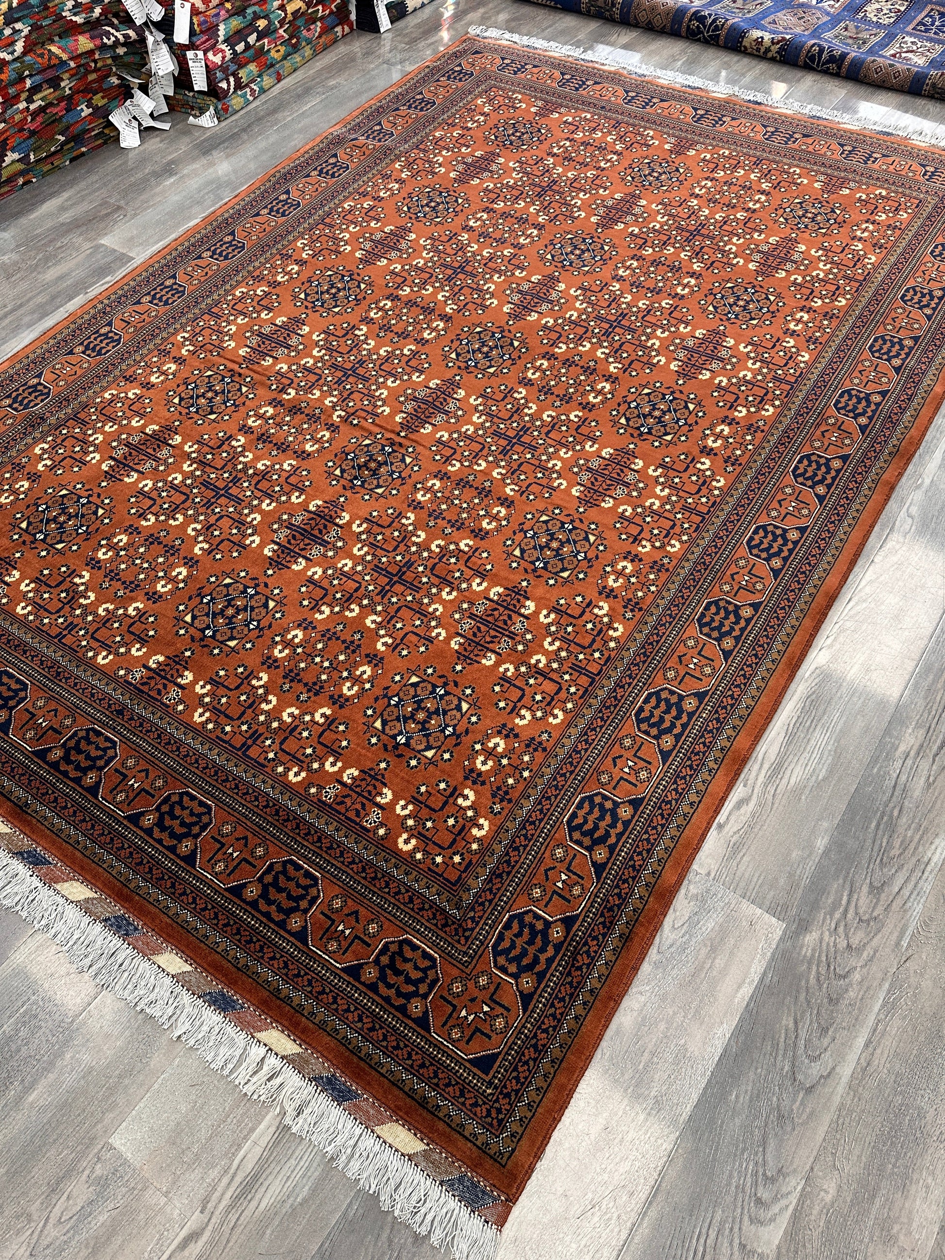 Hand-Knotted Afghani Bukharayi Rug | 6'7" x 10' Wool Area Carpet – Traditional Geometric Design - Nuvé
