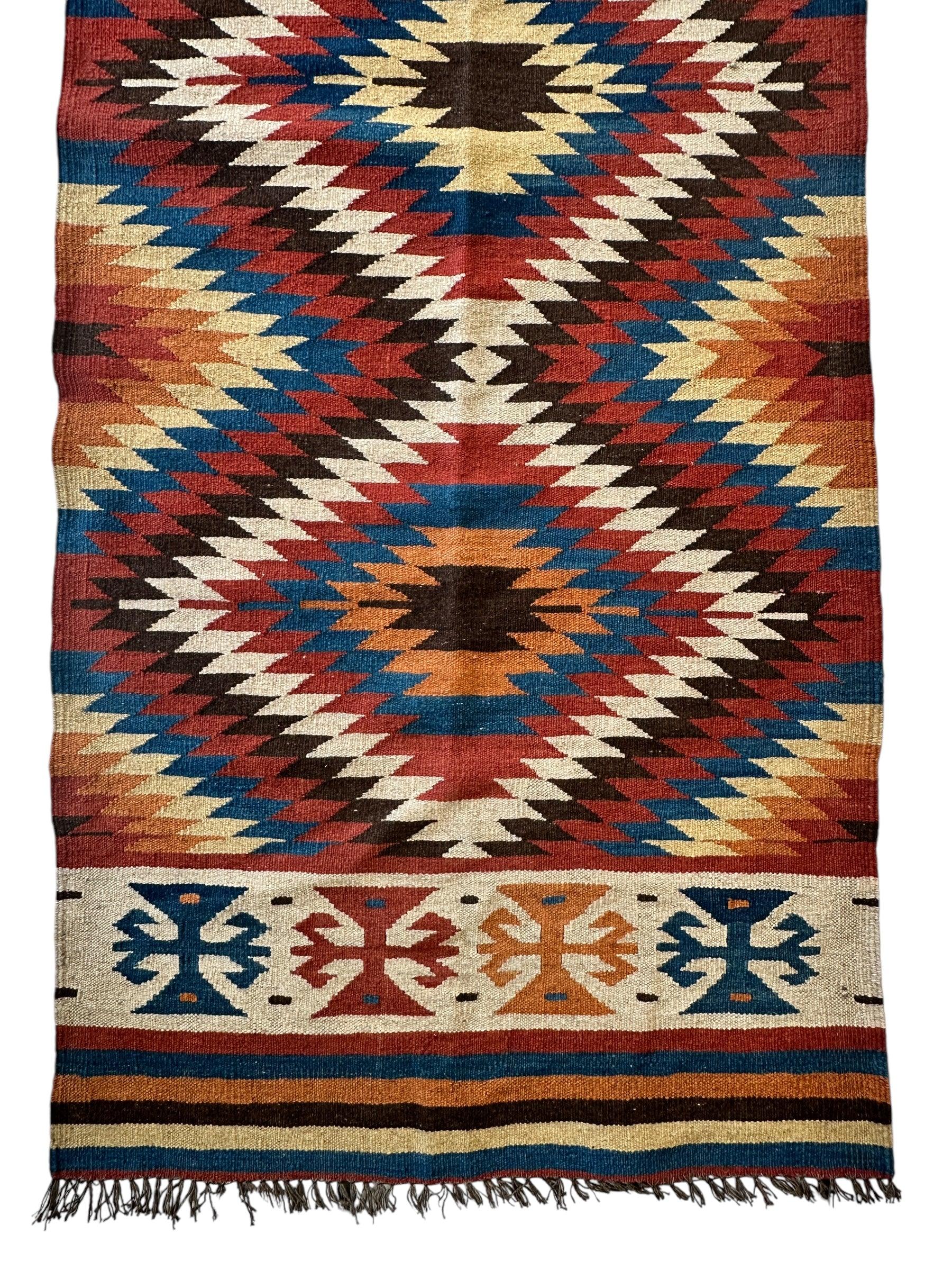 Hand-Knotted Afghan Kilim Wool Runner Rug – 2’8” x 12’4” – Vintage Full Geometric Design - Nuvé