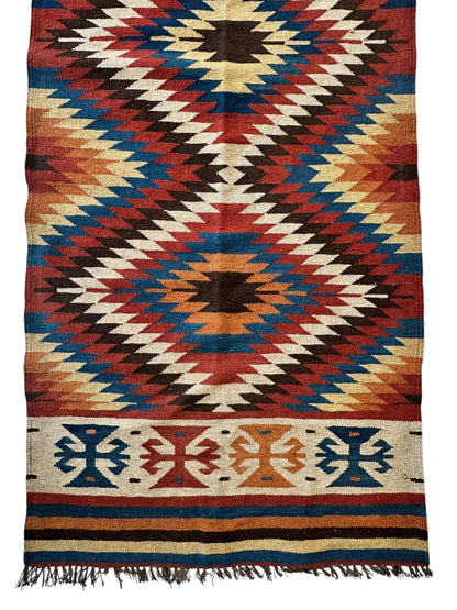 Hand-Knotted Afghan Kilim Wool Runner Rug – 2’8” x 12’4” – Vintage Full Geometric Design - Nuvé
