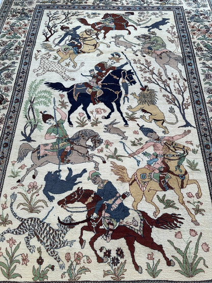 Hand-Knotted Lahore Hunting Scene Wool Rug – 8’ x 11’3” – Vintage 1950s Persian-Style Masterpiece - Nuvé