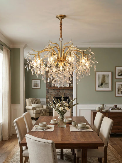 Elegant Dorale chandelier by Korewolamp featuring a modern design with multiple hanging lights and intricate detailing.