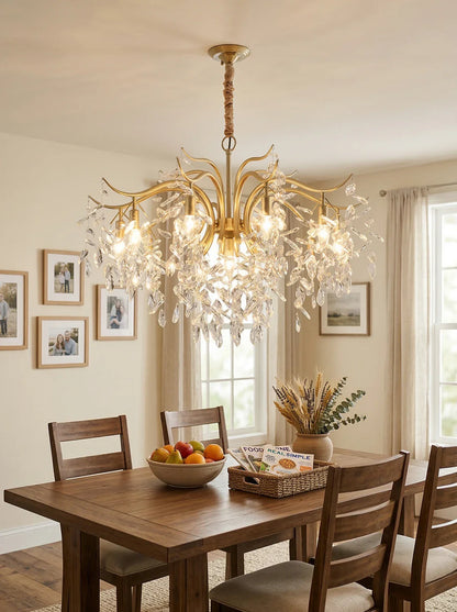 Elegant Dorale chandelier by Korewolamp featuring multiple light fixtures and intricate metal design, hanging from a ceiling.