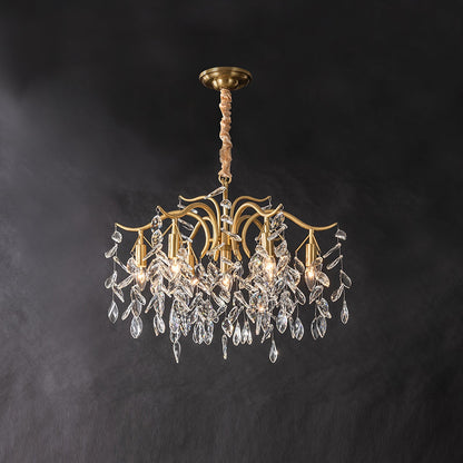 Korewolamp Dorale chandelier with hanging glass elements and modern design, showcasing elegant lighting and intricate detail.