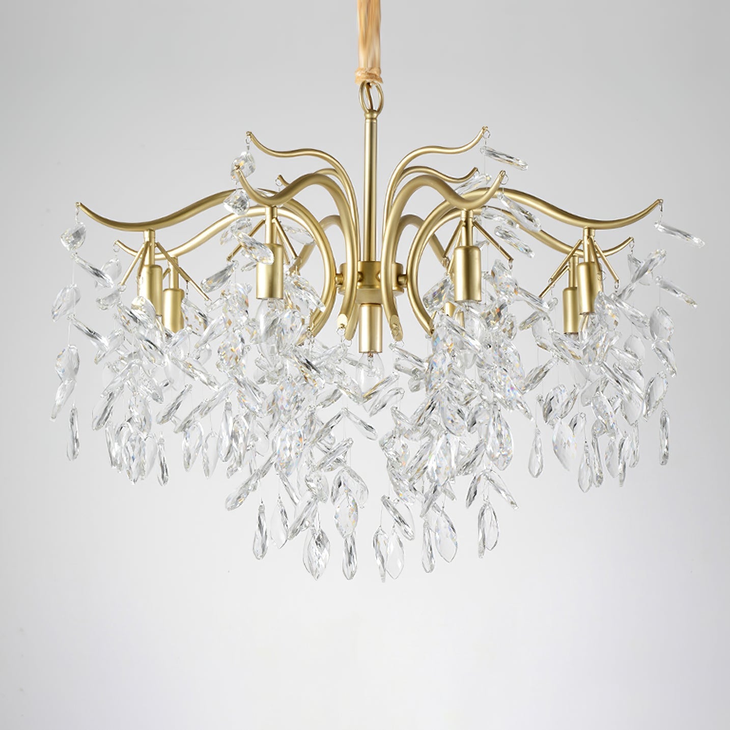 Dorale chandelier by Korewolamp featuring cascading glass and metal design with multiple light fixtures for elegant lighting.
