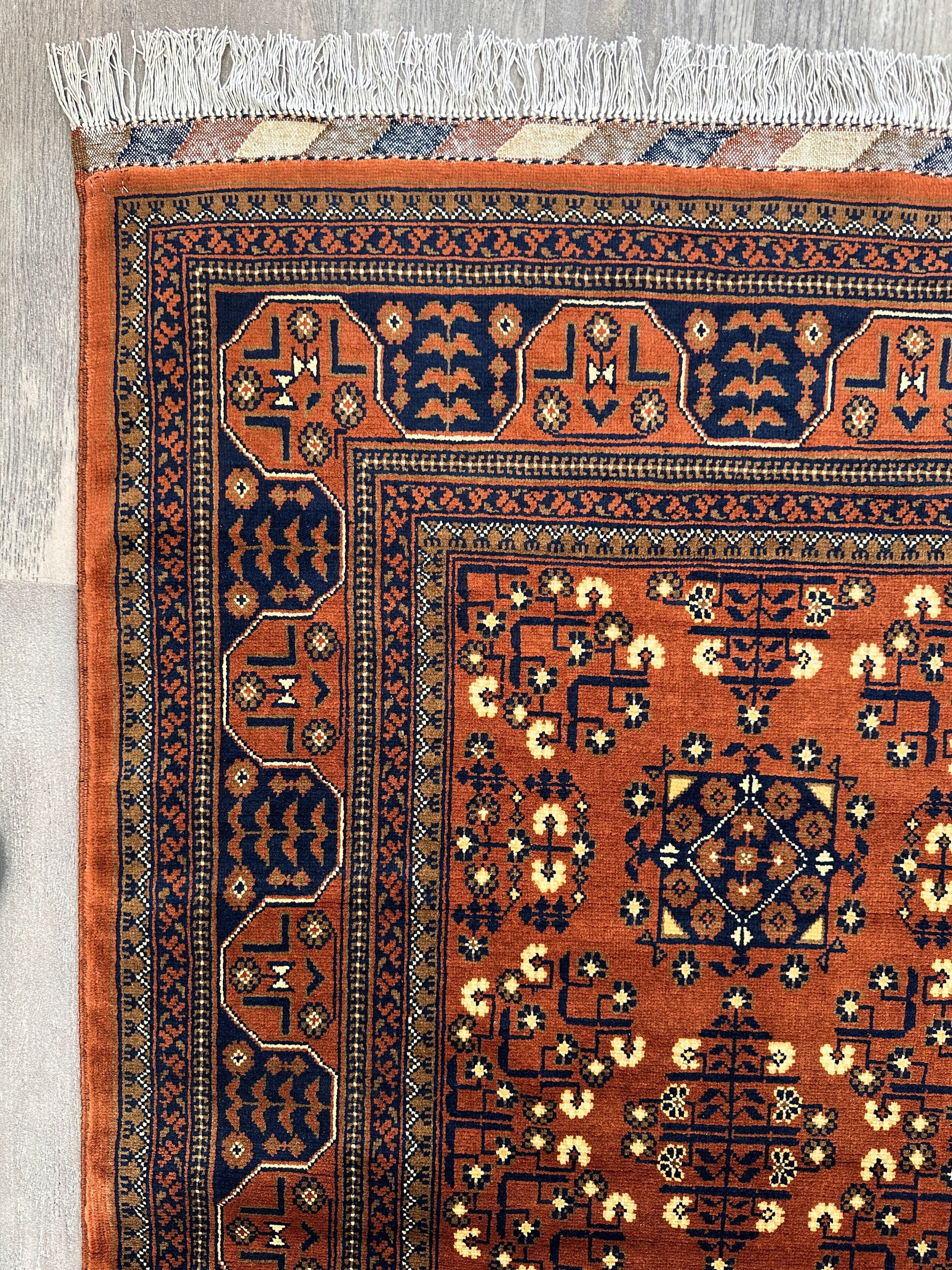 Hand-Knotted Afghani Bukharayi Rug | 6'7" x 10' Wool Area Carpet – Traditional Geometric Design - Nuvé