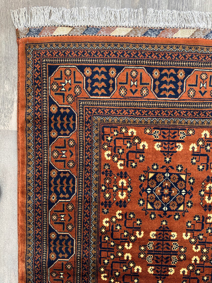 Hand-Knotted Afghani Bukharayi Rug | 6'7" x 10' Wool Area Carpet – Traditional Geometric Design - Nuvé