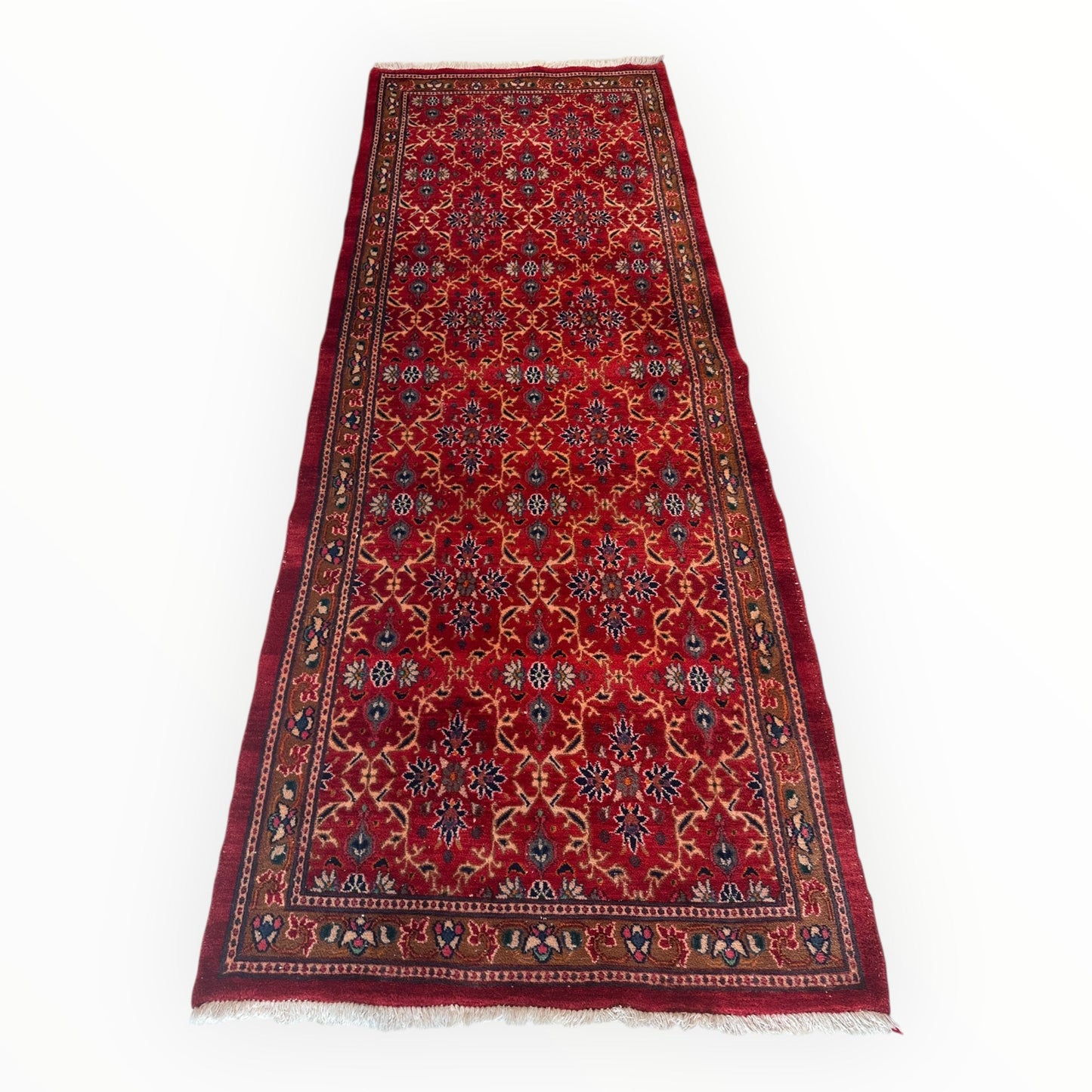 Vintage Mashhad Wool Runner – 3’3” x 8’4” – 1970s, Rich Red with Blue & Beige Accents - Nuvé