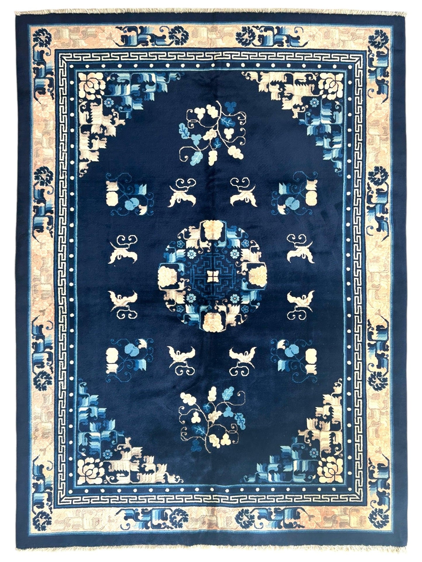 Hand-Knotted Antique Chinese Peking Wool Rug – 5’6” x 7’6” – Full Pile Navy and Cream Design - Nuvé