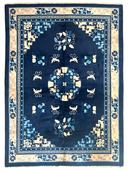 Hand-Knotted Antique Chinese Peking Wool Rug – 5’6” x 7’6” – Full Pile Navy and Cream Design - Nuvé