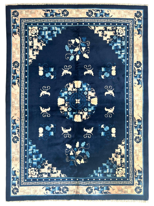 Hand-Knotted Antique Chinese Peking Wool Rug – 5’6” x 7’6” – Full Pile Navy and Cream Design - Nuvé