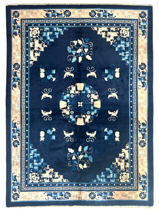 Hand-Knotted Antique Chinese Peking Wool Rug – 5’6” x 7’6” – Full Pile Navy and Cream Design - Nuvé