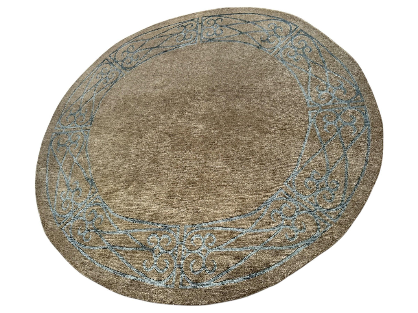 Hand-Knotted Tibetan Rug - 6' x 6'1" Round - Wool & Silk - Elegant Blue Border Design - Nuvé