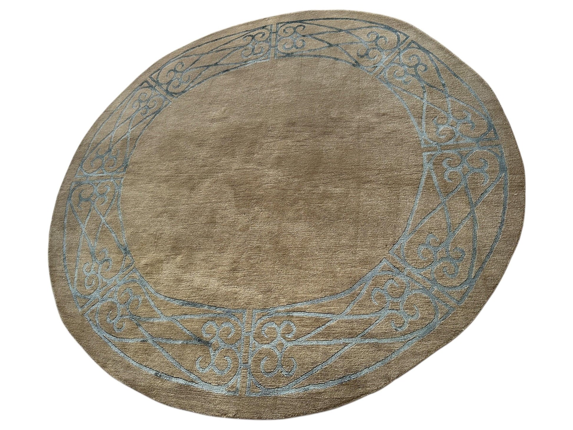 Hand-Knotted Tibetan Rug - 6' x 6'1" Round - Wool & Silk - Elegant Blue Border Design - Nuvé