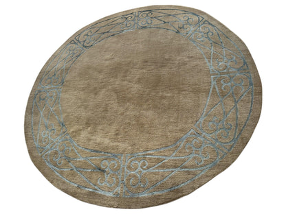 Hand-Knotted Tibetan Rug - 6' x 6'1" Round - Wool & Silk - Elegant Blue Border Design - Nuvé