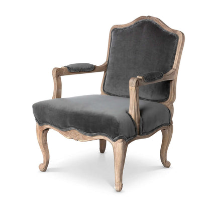 French Country Velvet Armchair with Carved Wood Frame - Nuvé