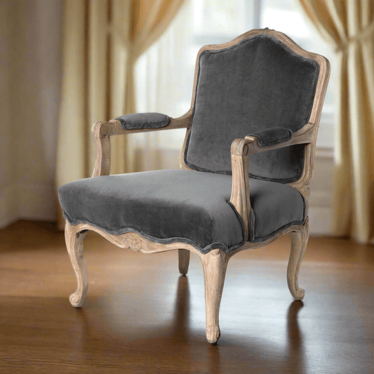 French Country Velvet Armchair with Carved Wood Frame - Nuvé