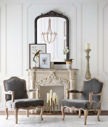 French Country Velvet Armchair with Carved Wood Frame - Nuvé