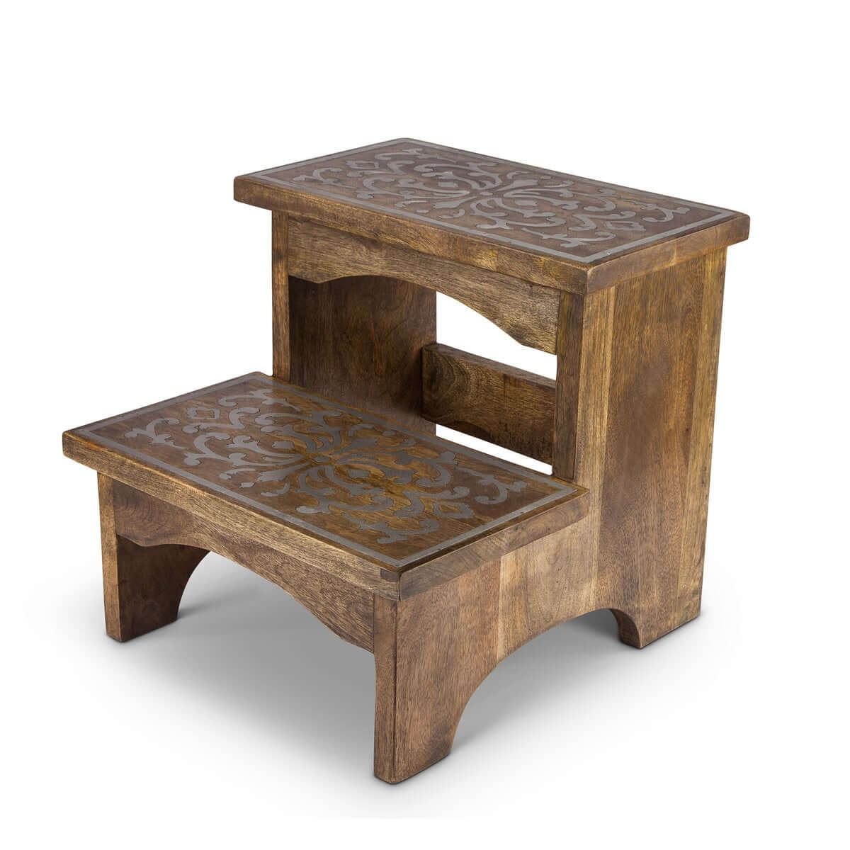 Wooden Step Stool with Decorative Metal Inlay - Nuvé