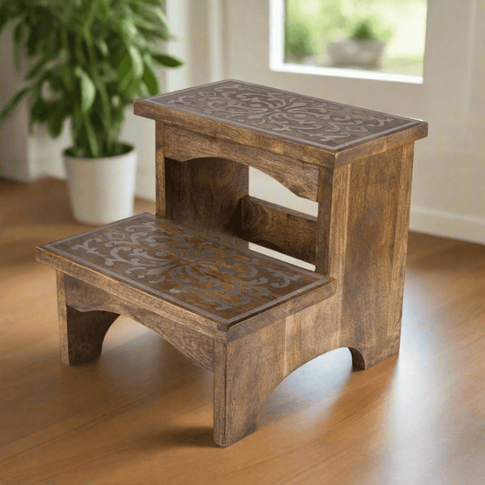 Wooden Step Stool with Decorative Metal Inlay - Nuvé