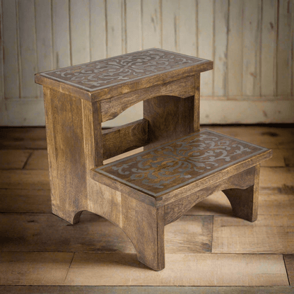 Wooden Step Stool with Decorative Metal Inlay - Nuvé