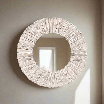 Whitewashed Wood Slat Round Wall Mirror - Nuvé