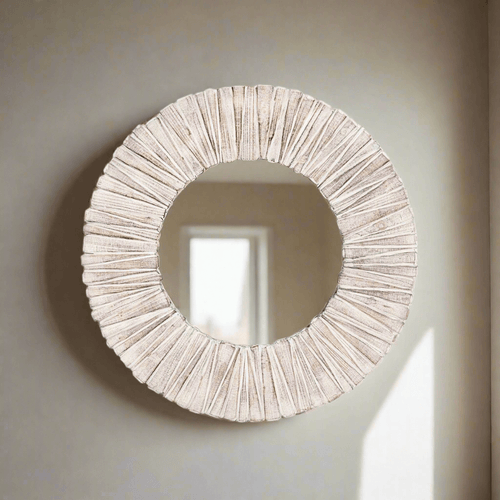 Whitewashed Wood Slat Round Wall Mirror - Nuvé