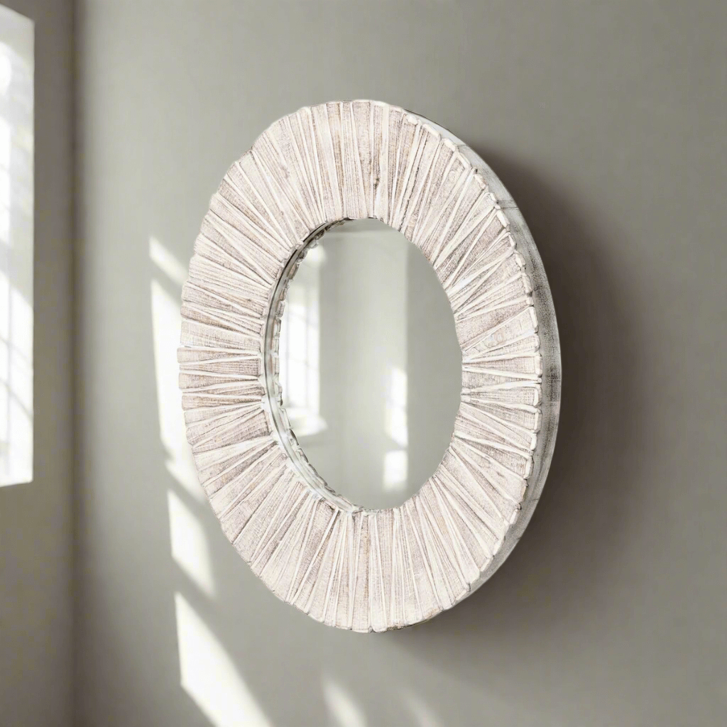 Whitewashed Wood Slat Round Wall Mirror - Nuvé