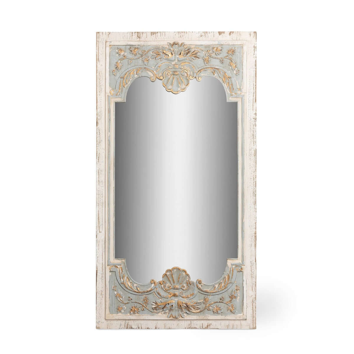 Vintage French Country Carved Wood Mirror with Distressed Blue Frame - Nuvé