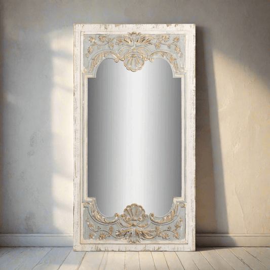 Vintage French Country Carved Wood Mirror with Distressed Blue Frame - Nuvé