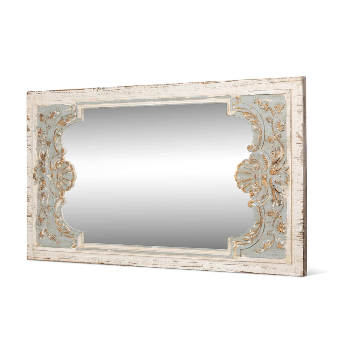 Vintage French Country Carved Wood Mirror with Distressed Blue Frame - Nuvé