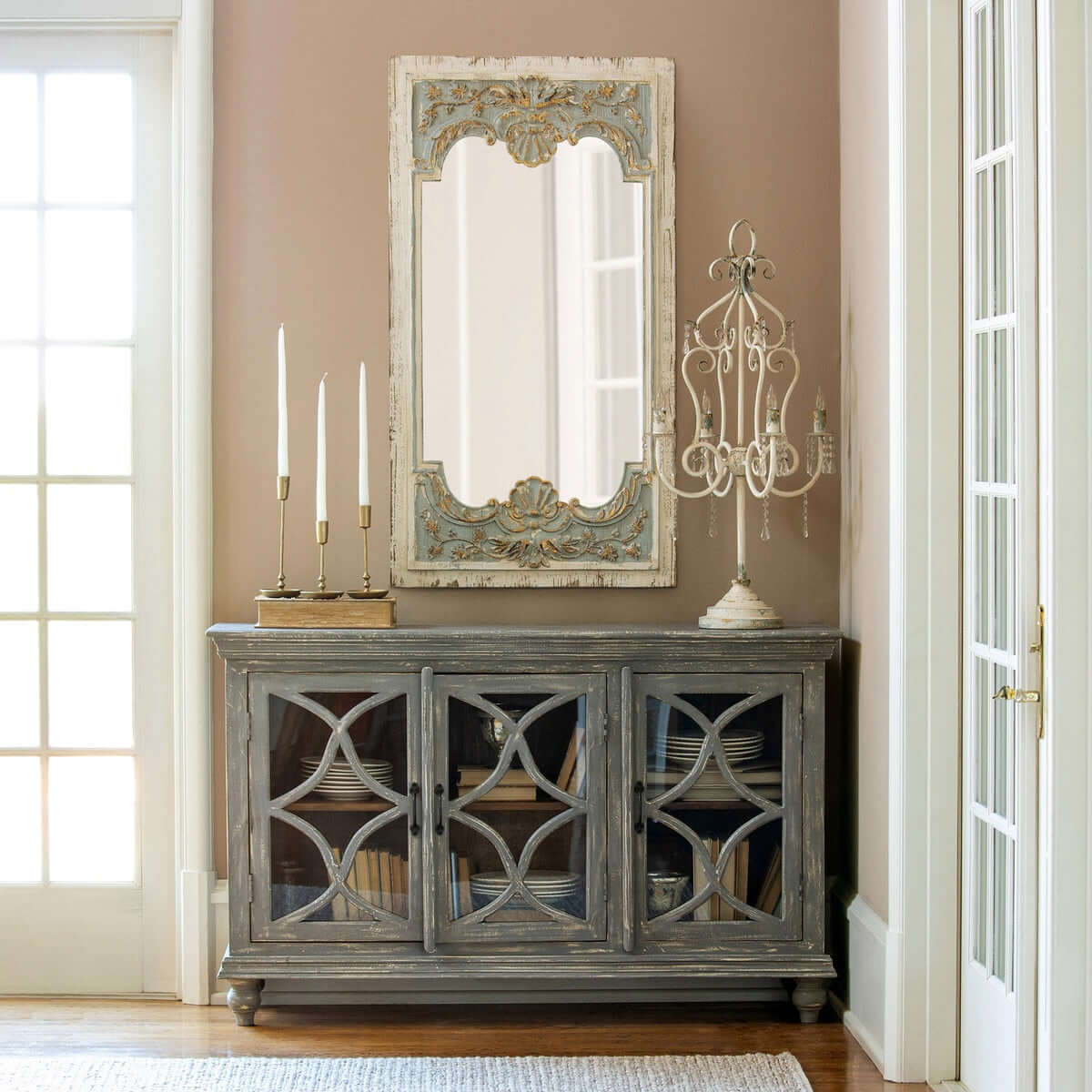Vintage French Country Carved Wood Mirror with Distressed Blue Frame - Nuvé