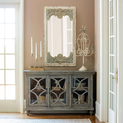 Vintage French Country Carved Wood Mirror with Distressed Blue Frame - Nuvé