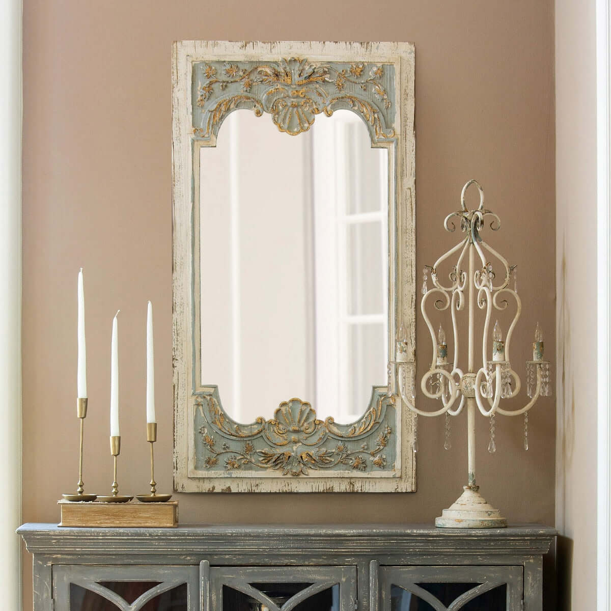 Vintage French Country Carved Wood Mirror with Distressed Blue Frame - Nuvé