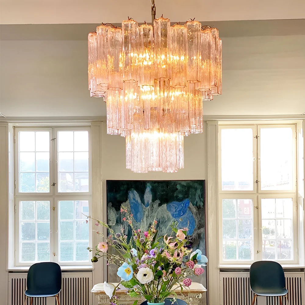 Elegant Pink Murano Glass Tube Chandelier - Nuvé