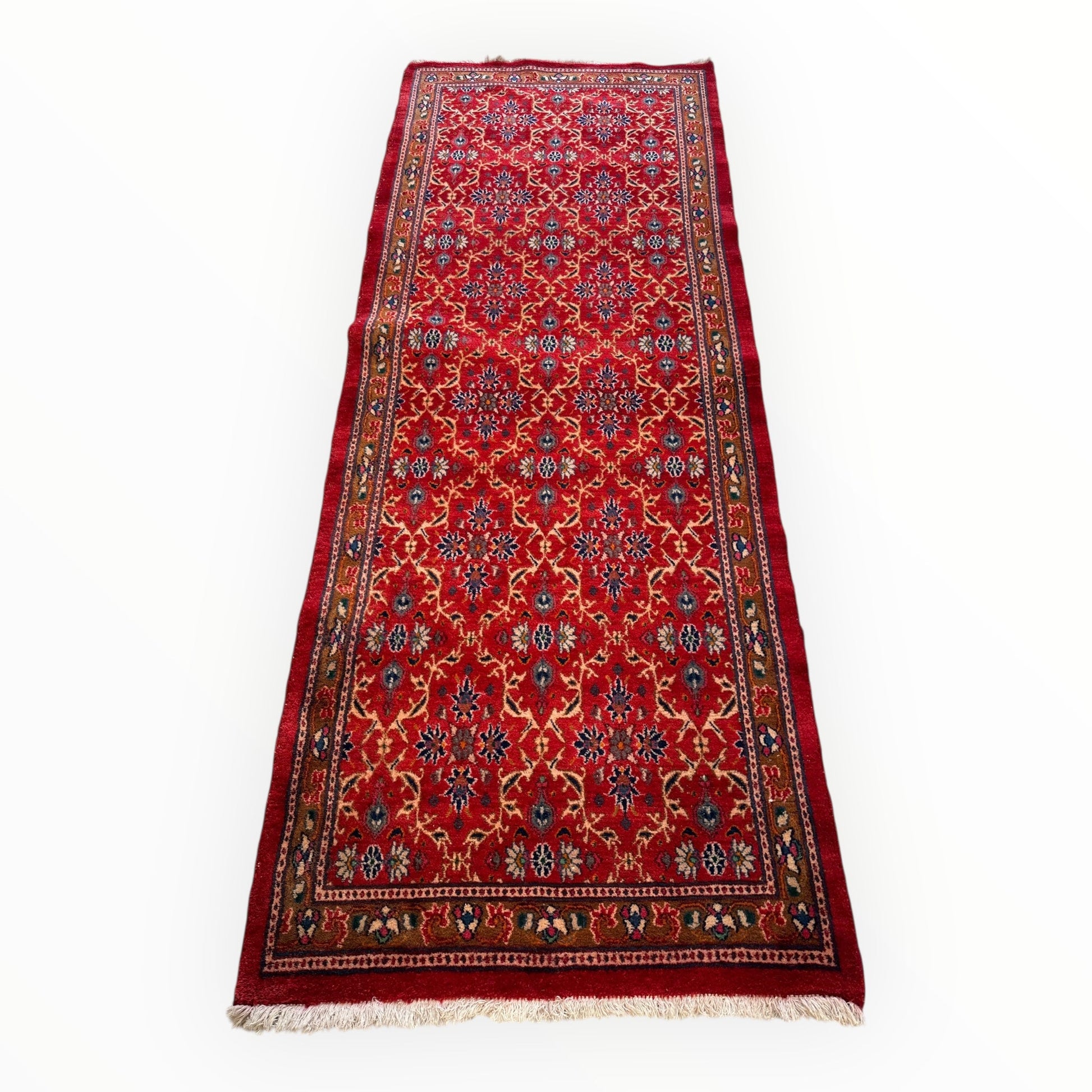 Vintage Mashhad Wool Runner – 3’3” x 8’4” – 1970s, Rich Red with Blue & Beige Accents - Nuvé