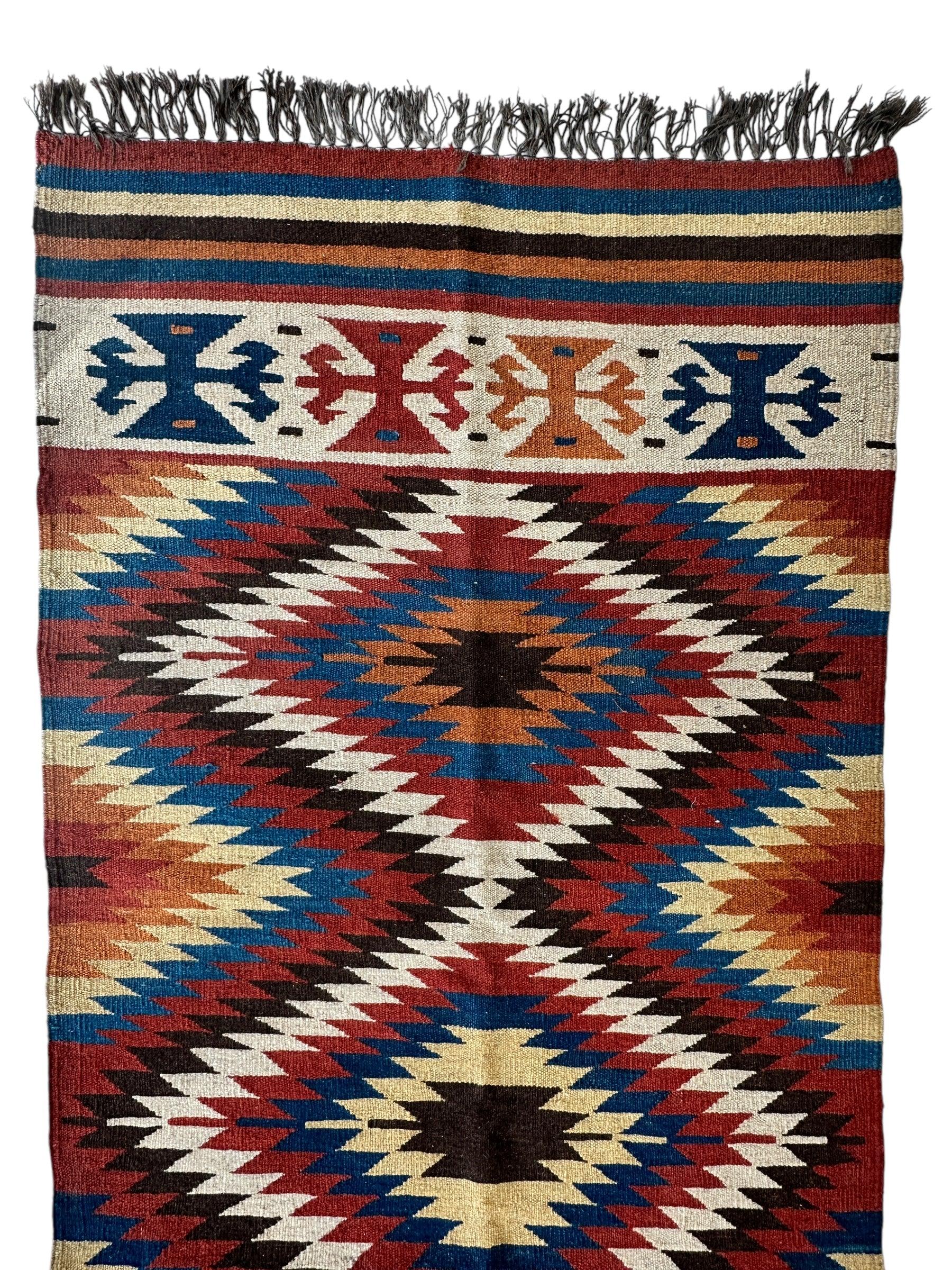 Hand-Knotted Afghan Kilim Wool Runner Rug – 2’8” x 12’4” – Vintage Full Geometric Design - Nuvé