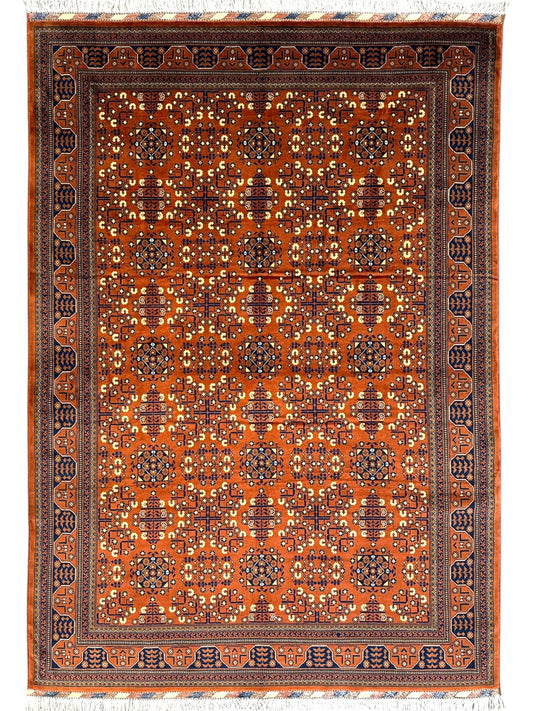 Hand-Knotted Afghani Bukharayi Rug | 6'7" x 10' Wool Area Carpet – Traditional Geometric Design - Nuvé