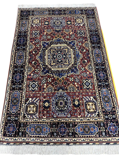 Hand-knotted Afghani Wool Rug by Rugistan featuring blue and brown Mamluk design, 40x62 inches.