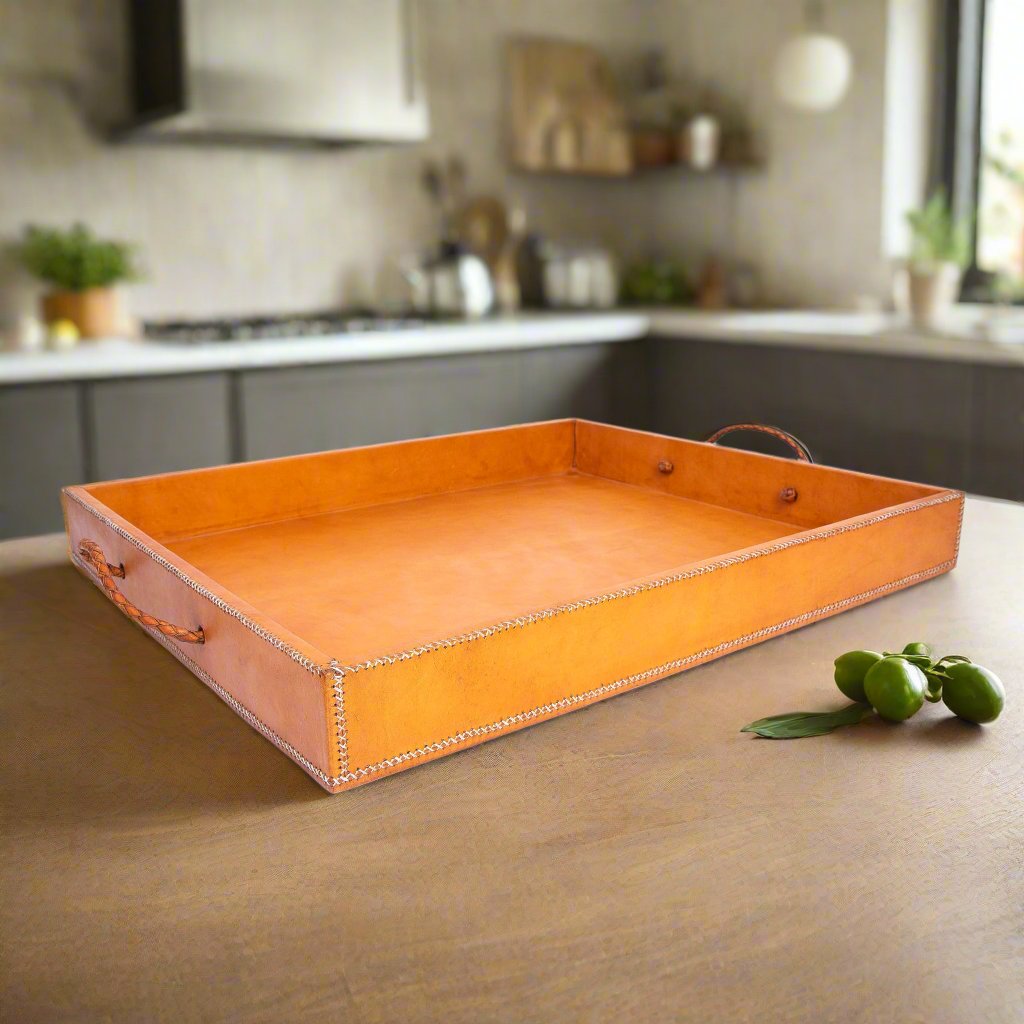 Grande | XL Rectangle Ottoman Tray with Embroidered Handles - Nuvé