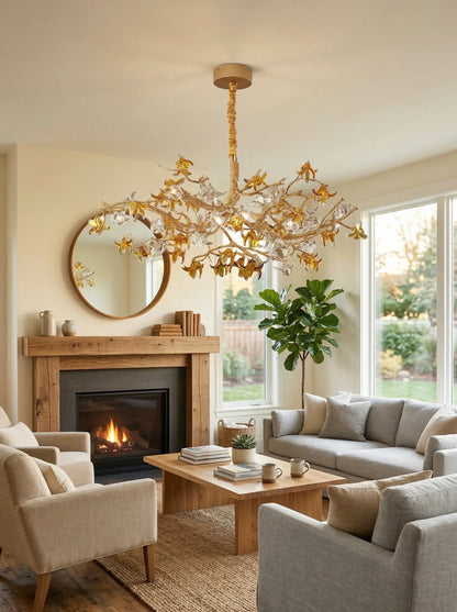 Aosta Brass Glass Flower Chandelier by korewolamp featuring brass frame and delicate glass flower accents hanging elegantly.