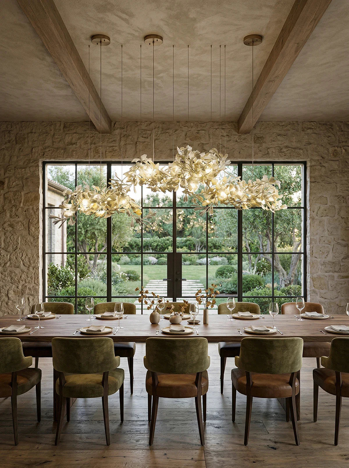 Gingko ceramic chandelier by Korewolamp featuring a modern ginkgo leaf design with ceramic leaves and warm lighting.