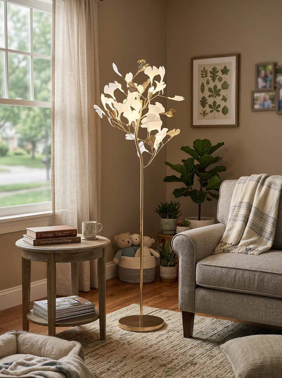 Korewolamp Gingko Floor Lamp with modern design, featuring a sleek stand and leaf-shaped lampshade for stylish interior lighting.