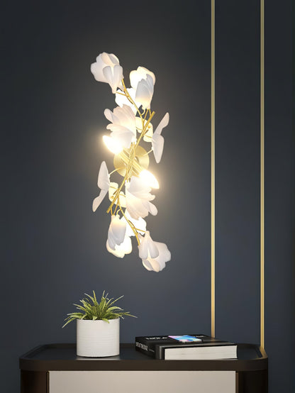 Korewolamp Gingko Flowers Wall Lamp featuring a decorative ginkgo leaf design, illuminated wall fixture for elegant room lighting.