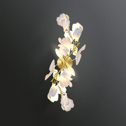 Korewolamp Gingko Flowers Wall Lamp with intricate leaf design, mounted on a wall, emits soft ambient light.