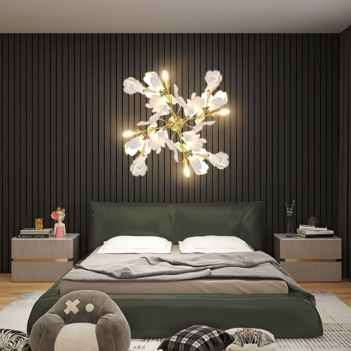 Korewolamp Gingko Flowers Wall Lamp showcasing a decorative design with ginkgo leaf motifs and warm lighting.