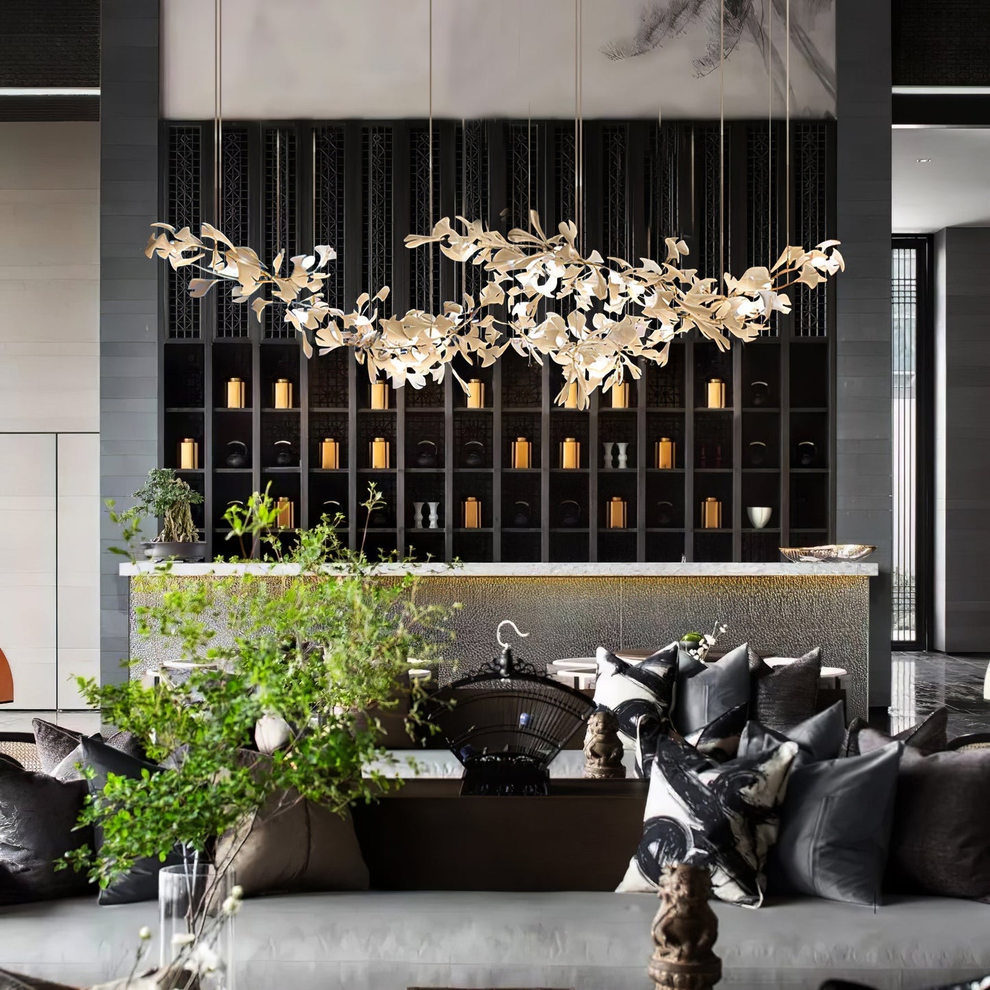 Gingko Ceramic Chandelier by Korewolamp featuring a modern, ginkgo leaf-inspired design with warm lighting and ceramic detailing.