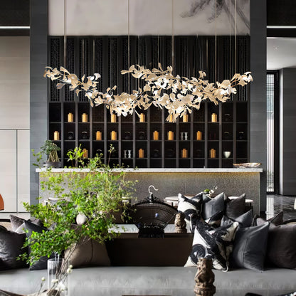 Gingko Ceramic Chandelier by Korewolamp featuring a modern, ginkgo leaf-inspired design with warm lighting and ceramic detailing.